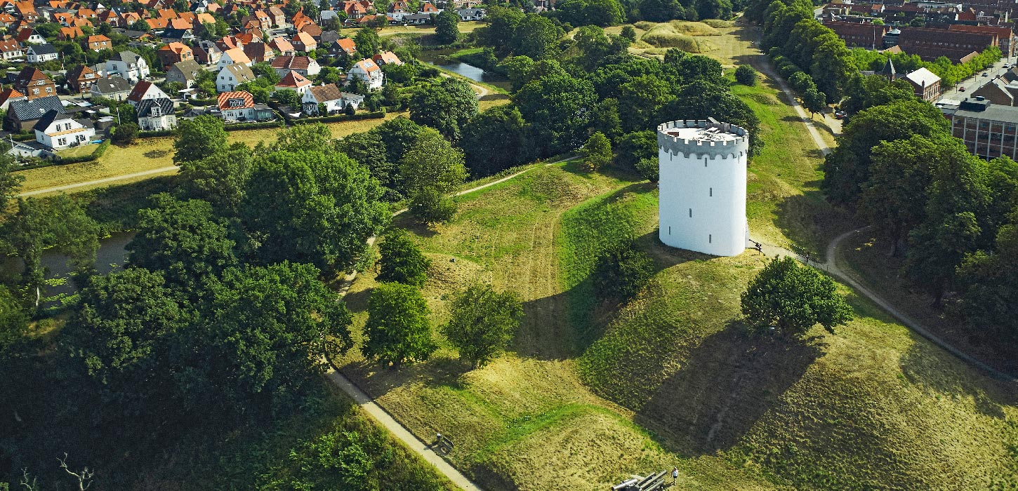 View from Fredericia Ramparts with bastion and city in the background – historic fortress in Denmark.