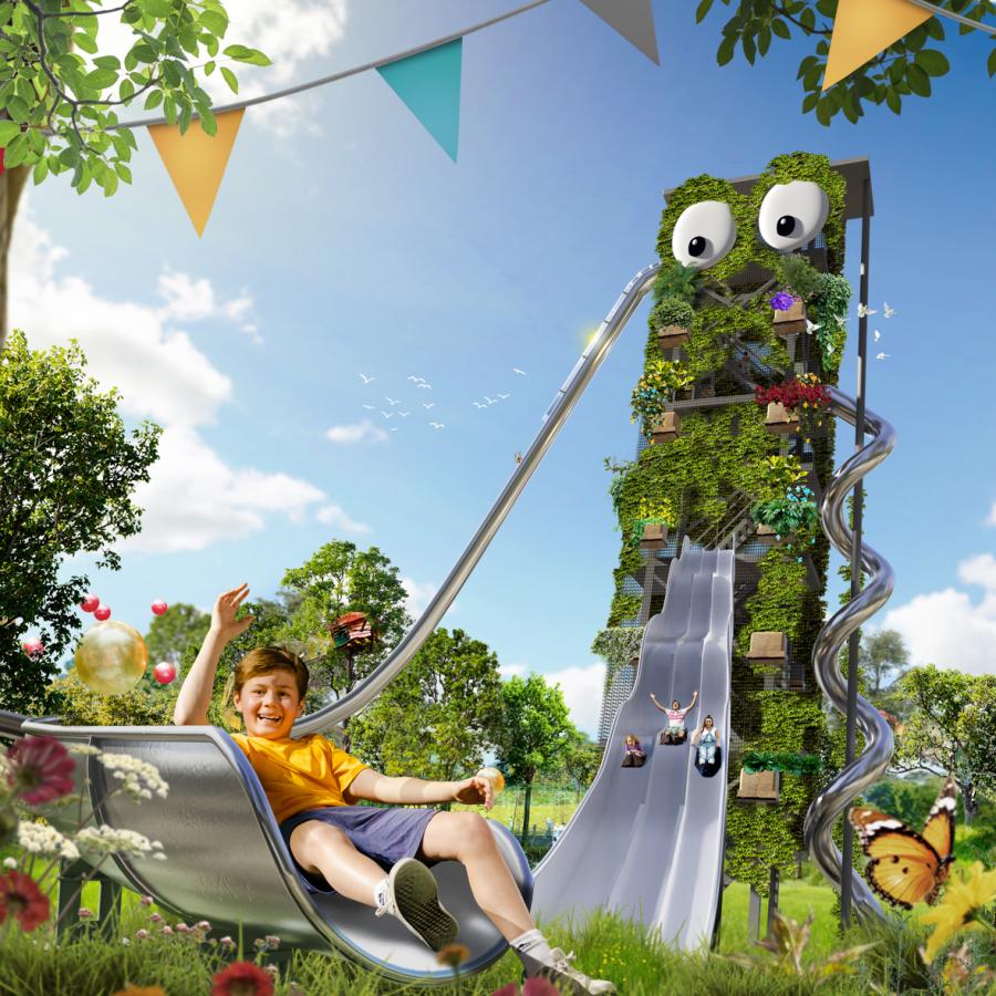 Entdeckt den wunderbaren Wald im WOW Park. Man kann sich, wie dieser Junge, von ganz oben nach unten schwingen. Oder mit Riesenbällen in die gigantisch großen Netze springen.