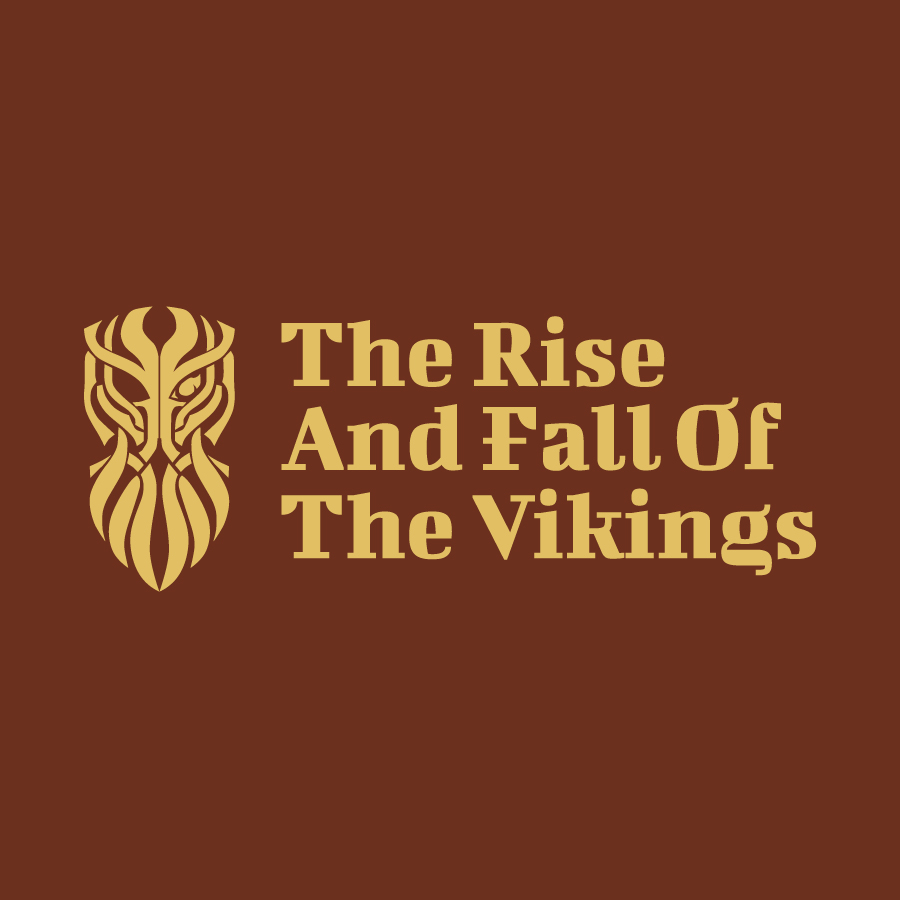 The full logo, Odin with one eye and payoff The Rise And Fall Of The Vikings in golden colour on a dark maroon colour