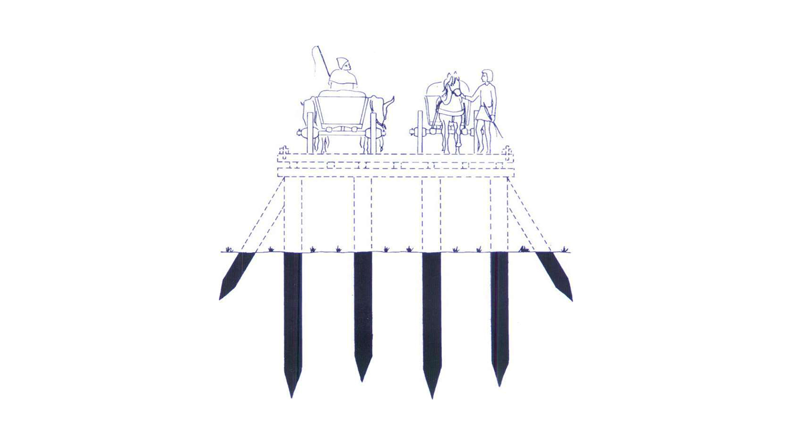 Cross-section construction drawing of the Ravningbroen. It shows that a span has 4 vertical piles and two supporting piles at an angle of approximately 30 degrees.