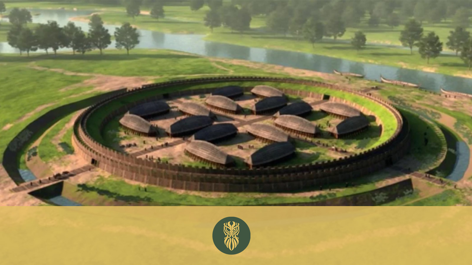 Illustration of how the Ring Fortress in Odense was built close to the river Odense. The outer ring is an earthen rampart and the inner ring is a wood-covered earthen rampart.