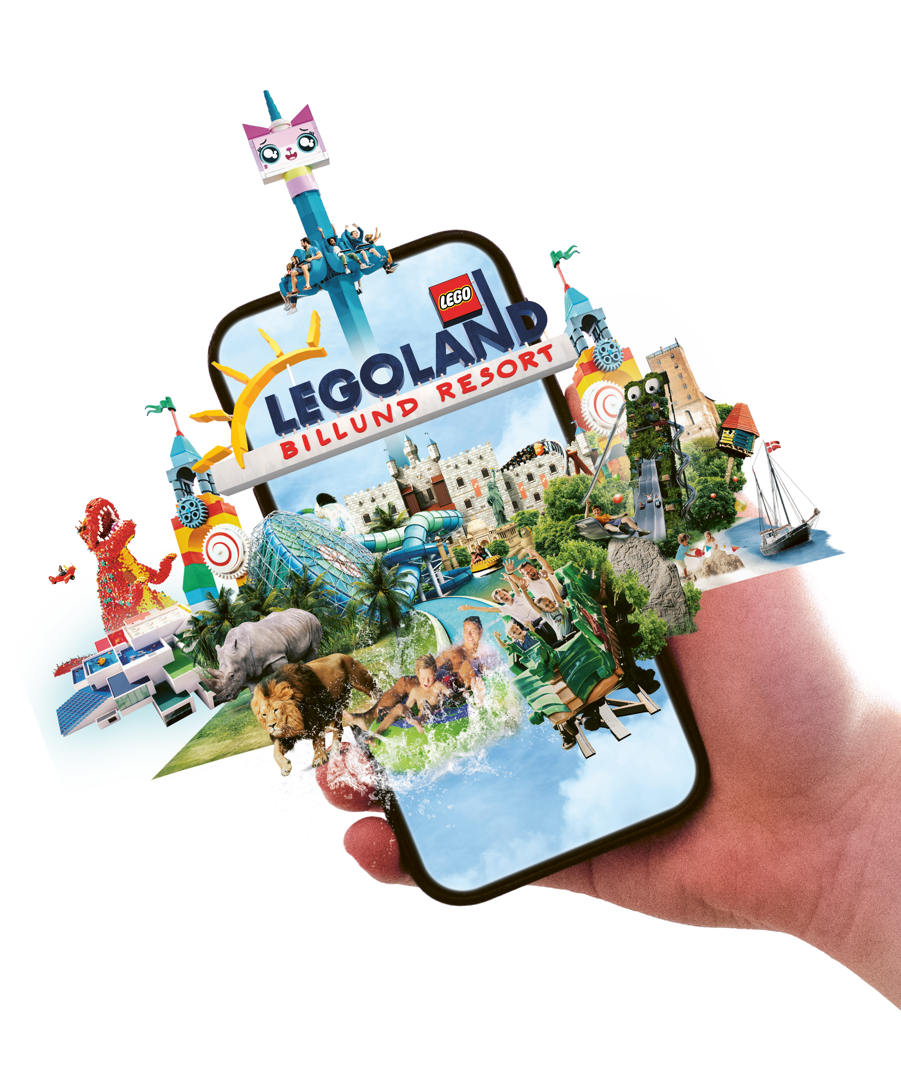 En hånd der holder en mobiltelefon, som viser LEGOLAND Billund Resort Key Visual med attraktioner i trekantområdet