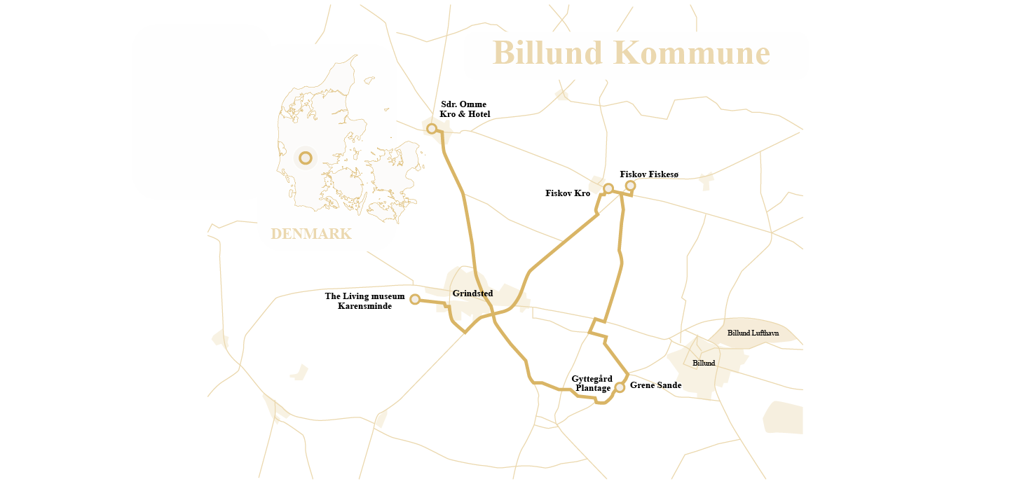 På det tegnede kort ses Gastroruten som samler Billund Kommunes lokale perler af madoplevelser, landskaber og kultur. Small Wonders i The Heart of Jutland.
