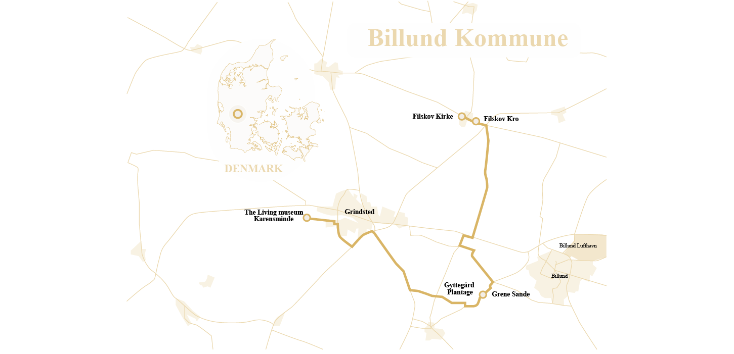 Tegnet kort over Small Wonders-Hederuten i Billund Kommune med markering af seværdigheder som Karensminde, Filskov Kirke, Filskov Kro, Gyttegård Plantage og Grene Sande.