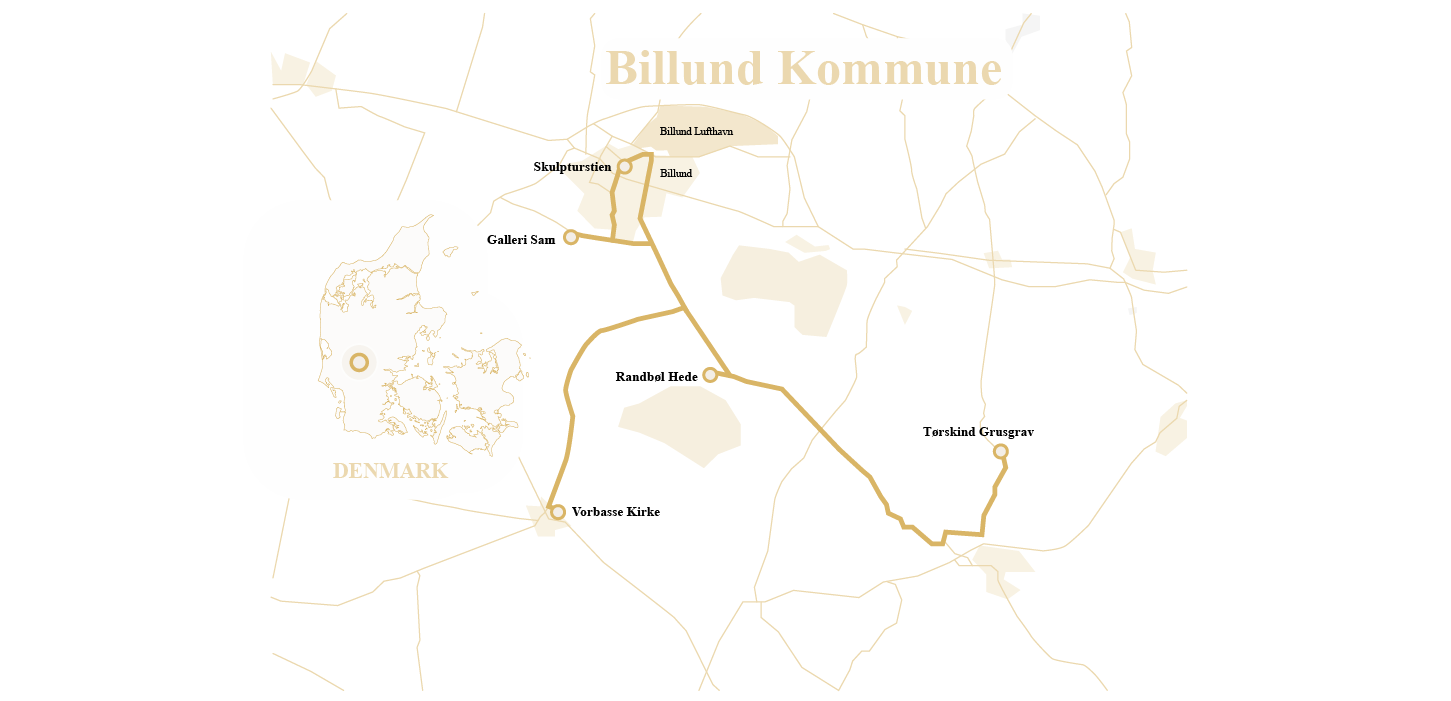 egnet kort over Kunstruten i Small Wonders med markering af stop som Billund, Vorbasse Kirke, Randbøl Hede, Galleri Sam, Skulpturstien og Tørskind Grusgrav.