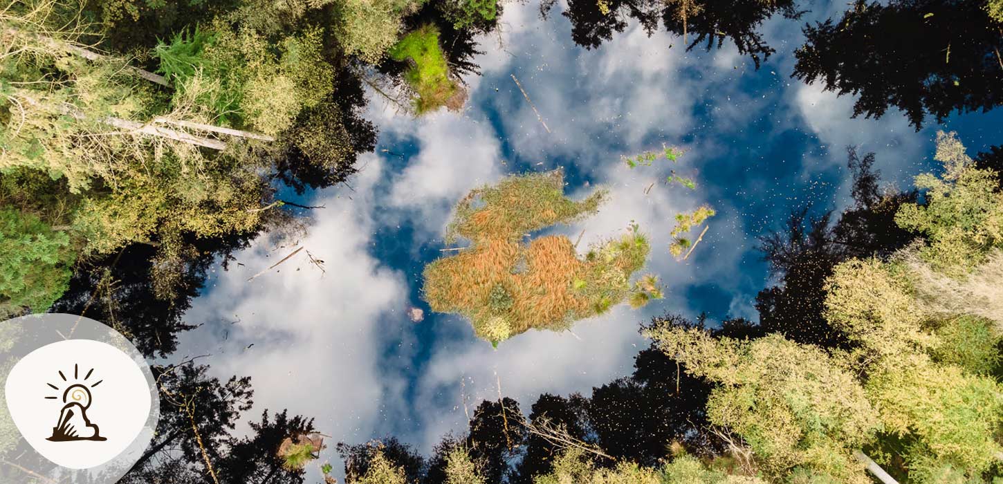 Luftfoto af Syvårssøerne i Frederikshåb Plantage, hvor himlen spejler sig i det mørke vand omgivet af tæt skov. Søerne er et stop på Kunstruten i Small Wonders – Heart of Jutland.