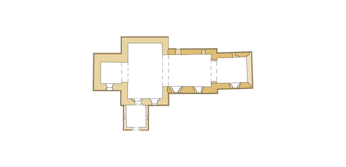 egnet grundrids af Vorbasse Kirke, der viser kirkens form og ruminddeling. Kirken er et stop på Kunstruten i Small Wonders – Heart of Jutland.