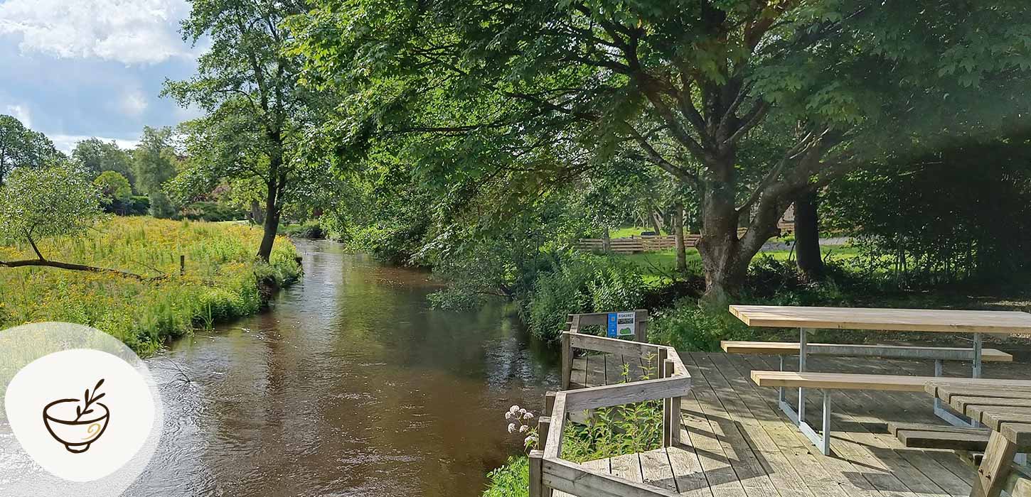 Sdr. Omme Å, der slynger sig gennem grønne omgivelser ved Sdr. Omme by, et stop på Gastroruten i Small Wonders.